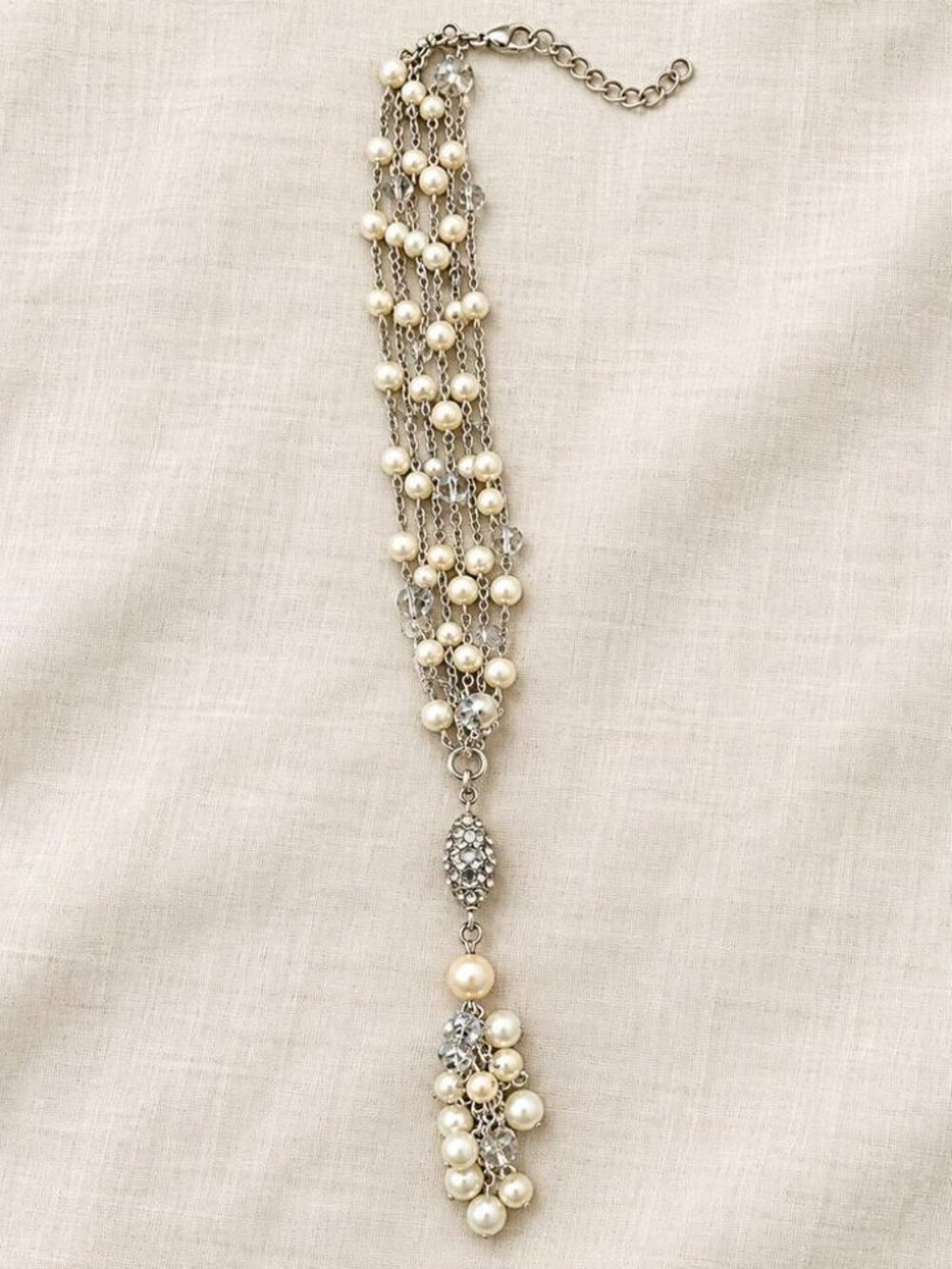 Long Faux Pearl Crystal Tassel Necklace Silver Tone Statement
